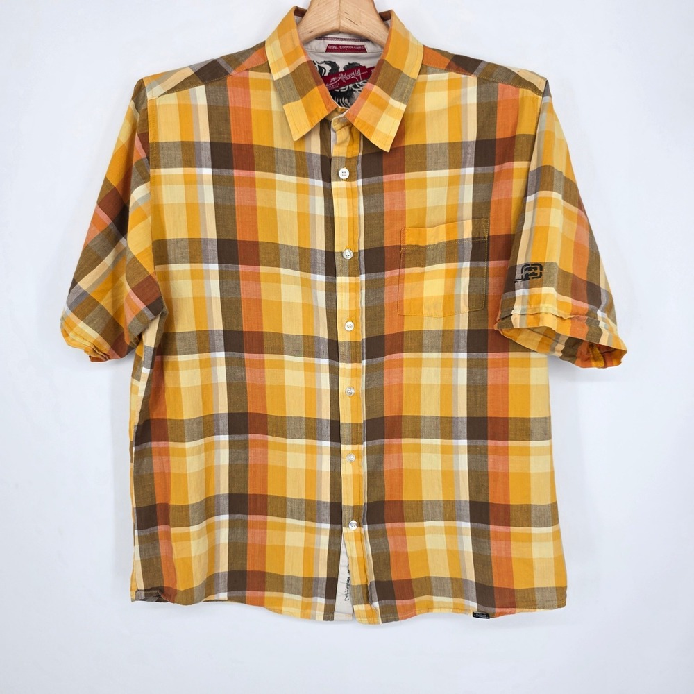 Y2K Billabong Mens XL Plaid Button Down Shirt Orange Yellow Short Sleeve